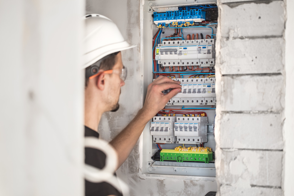 Muž, elektrotechnik pracujúci v rozvodni s poistkami. Inštalácia a pripájanie elektrických zariadení.